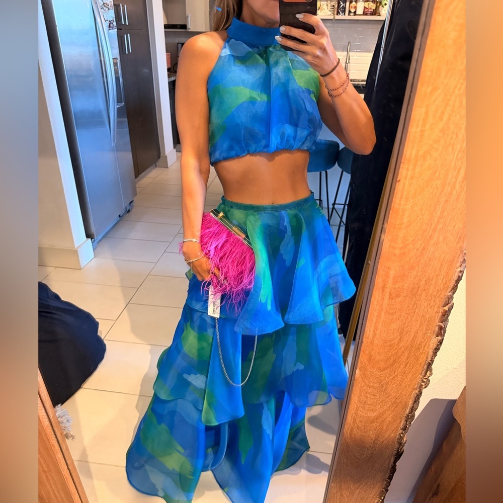 Luxxel Blue & Green Asymmetrical Tiered Ruffle Maxi Skirt